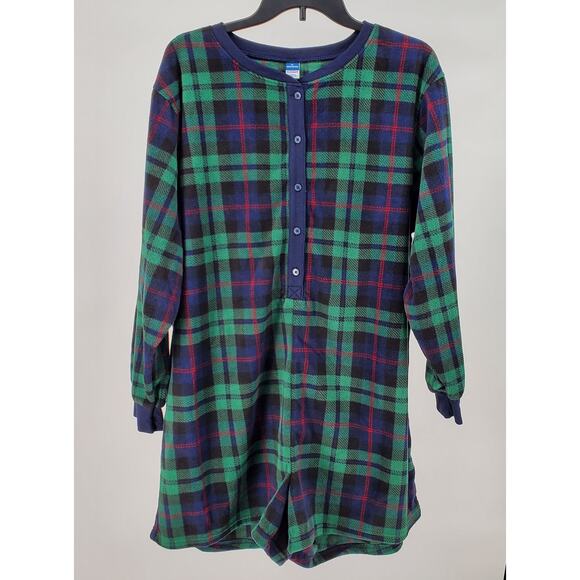 Old Navy XL Green/Blue/Red Plaid Fleece Henley Pajama Romper New - Picture 1 of 6
